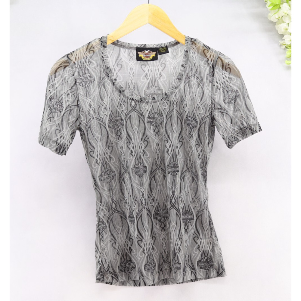 Vintage 90s Harley Davidson Sheer All Over Print Mesh Tee Juniors Sz L Y2K